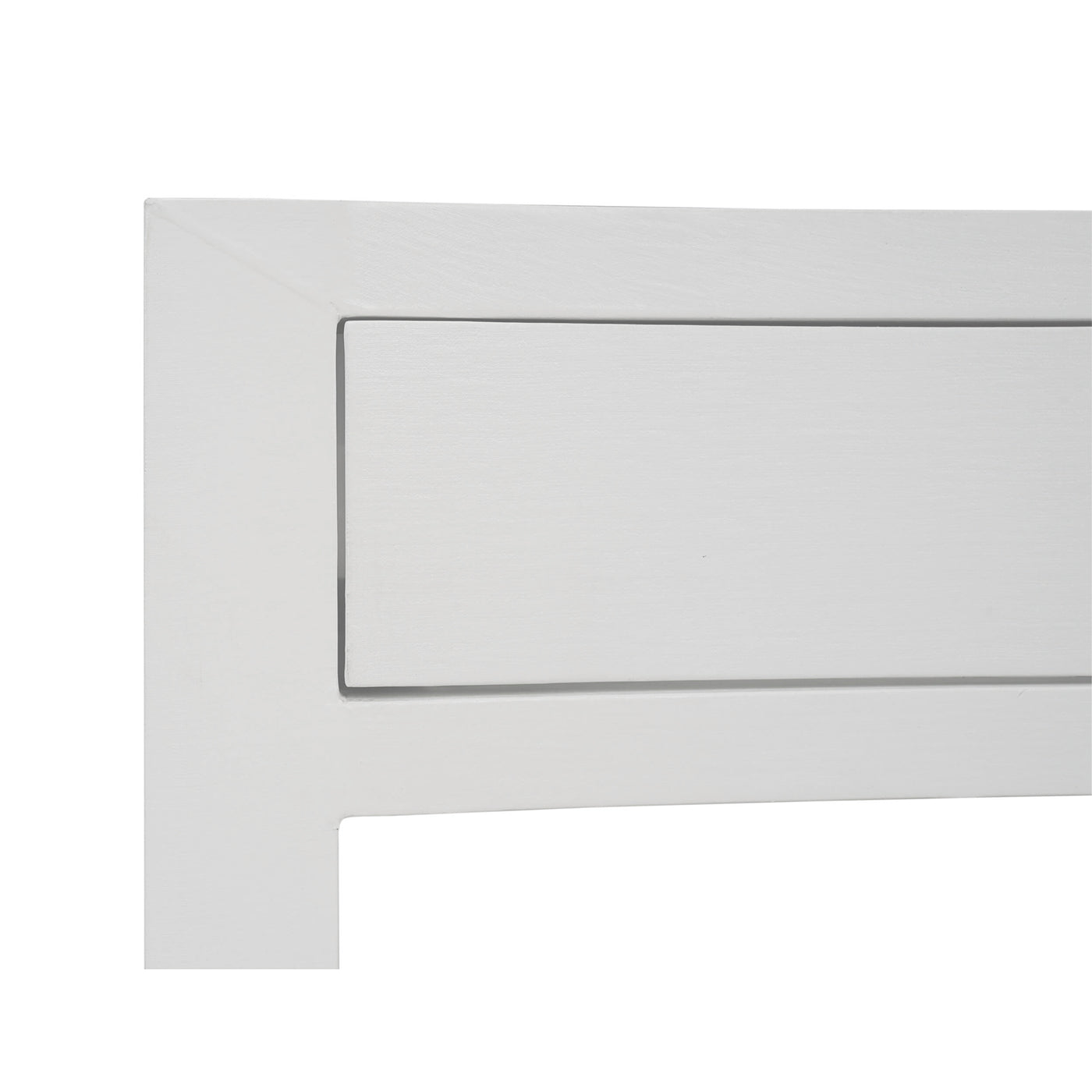 Detail of drawer corner on white linen nightstand.
