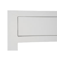 Detail of drawer corner on white linen nightstand.