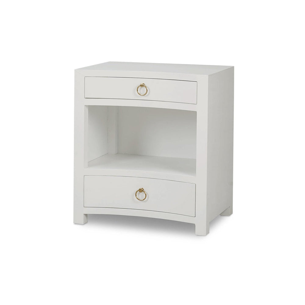 Angled view of white linen nightstand with gold handles.