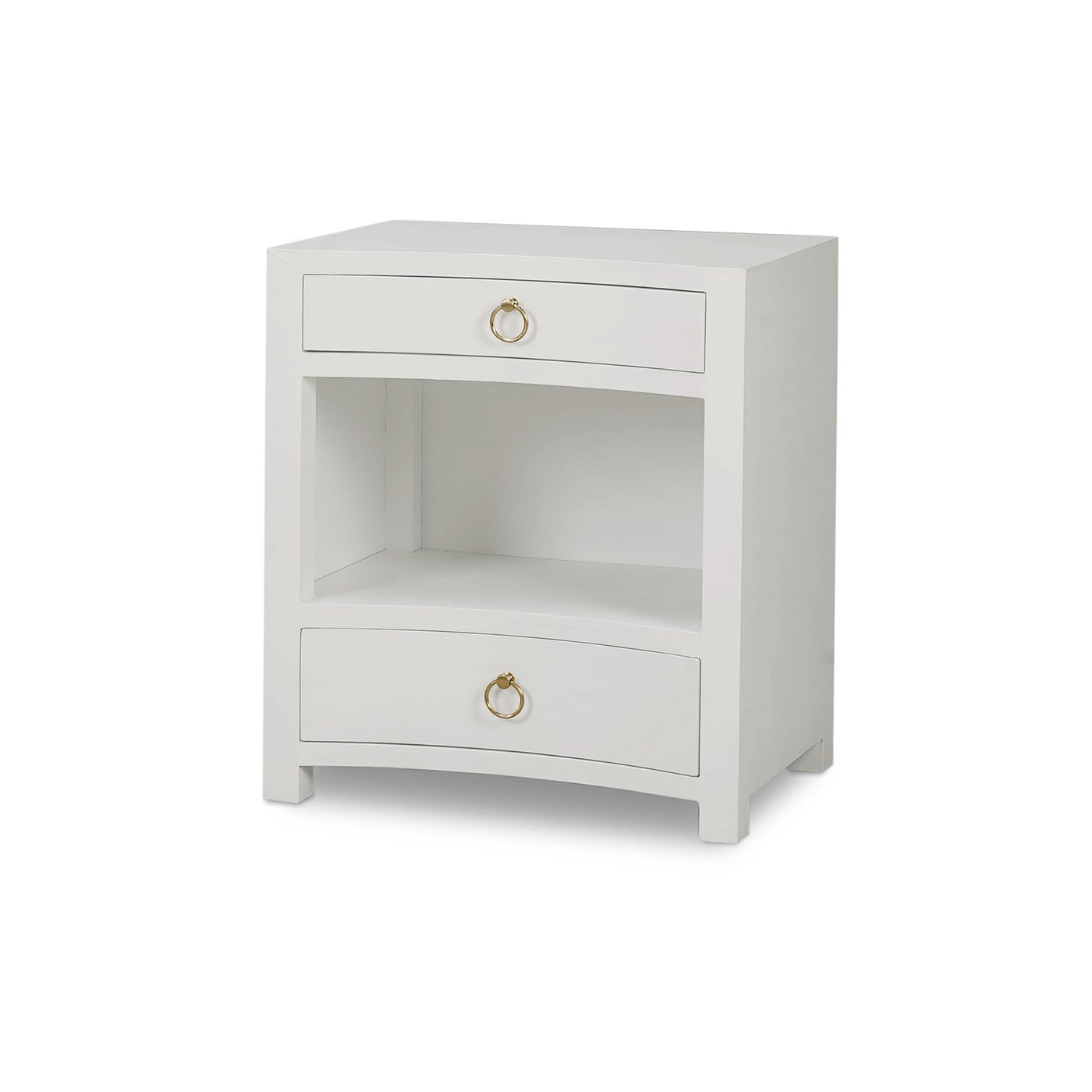 Angled view of white linen nightstand with gold handles.