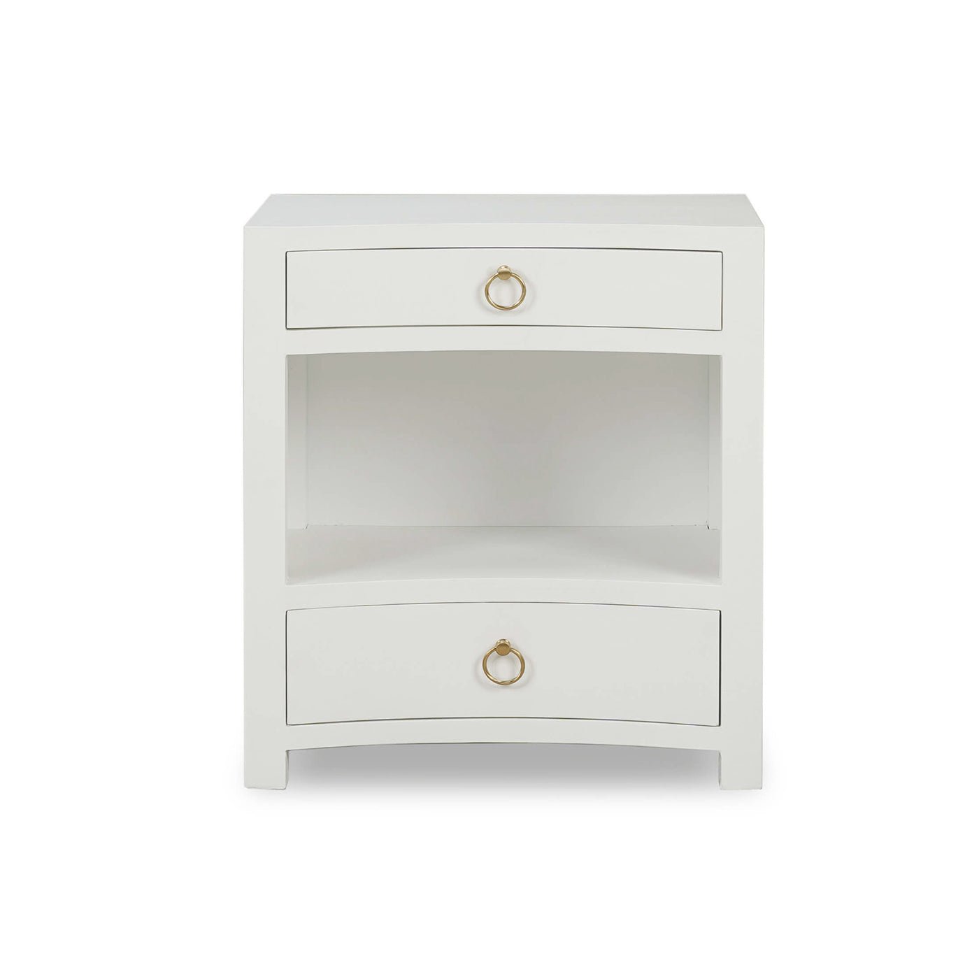 Front view of white linen wrapped nightstand.
