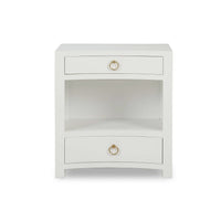 Front view of white linen wrapped nightstand.