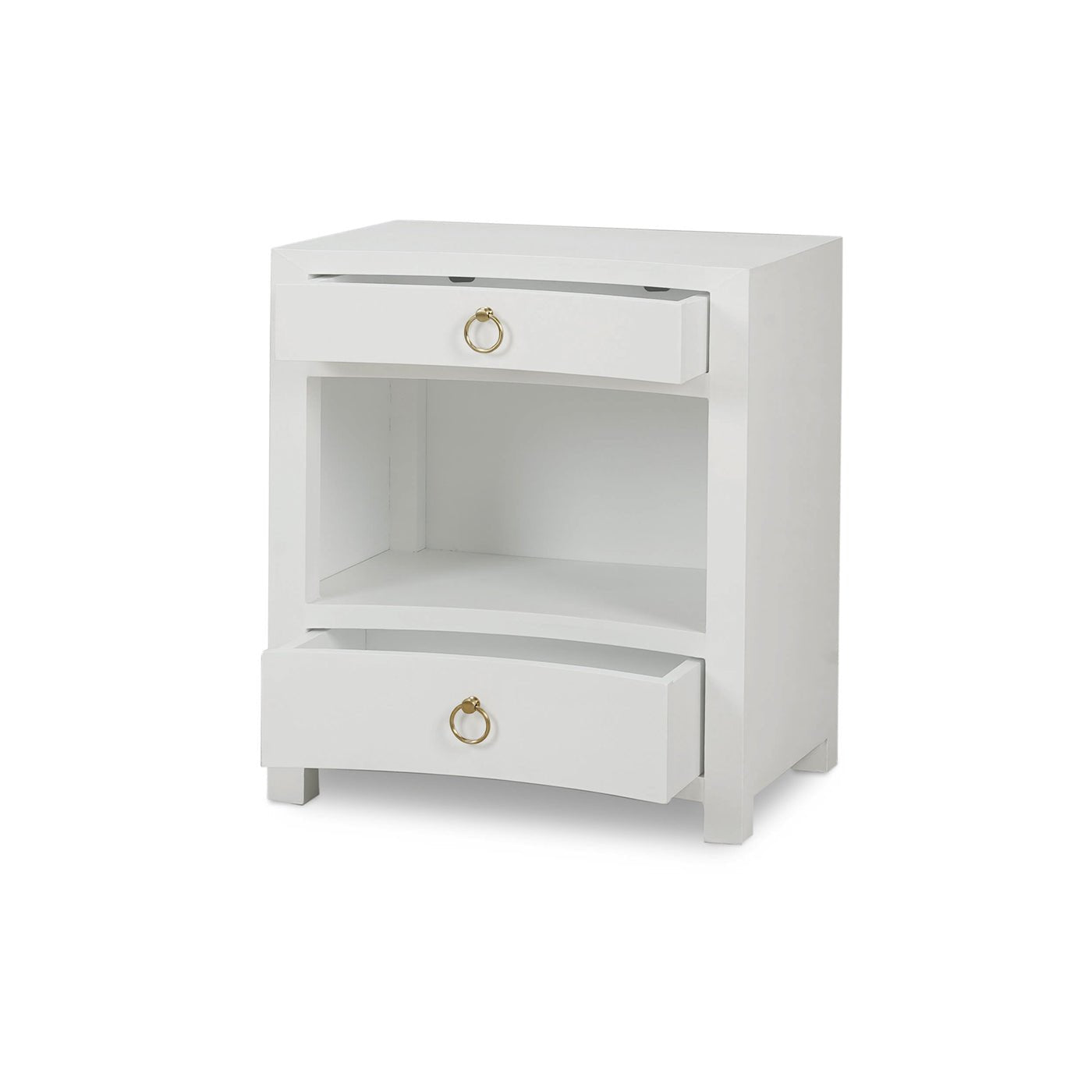 White linen nightstand with open drawers, gold handles.