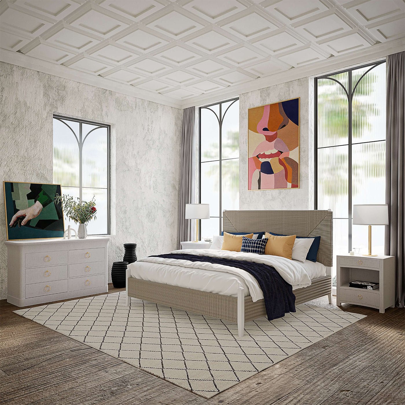 Bedroom with white linen nightstand and modern decor.