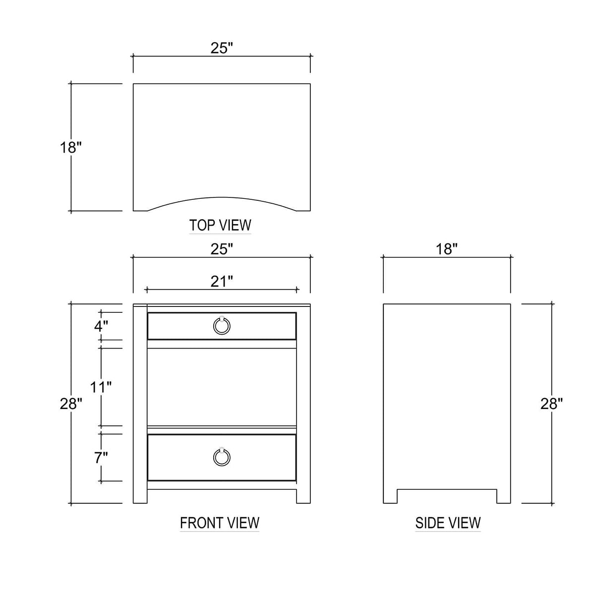 Dimensions diagram for white linen nightstand, various angles.