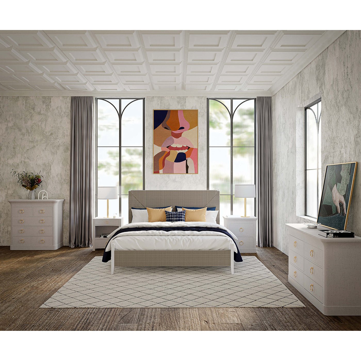 Stylish bedroom featuring white linen nightstand.