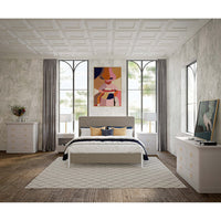 Stylish bedroom featuring white linen nightstand.