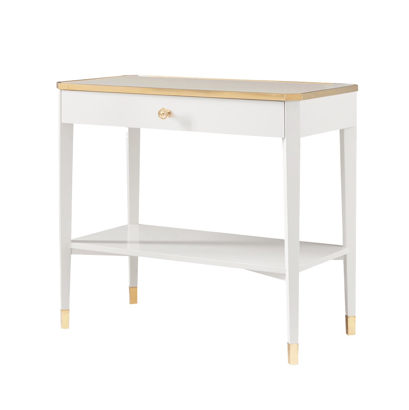 White Mid Century bedside table with gold accents.