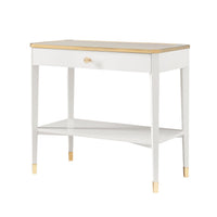 White Mid Century bedside table with gold accents.