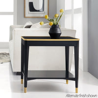 Black mid-century end table, alternate finish, styled in room.