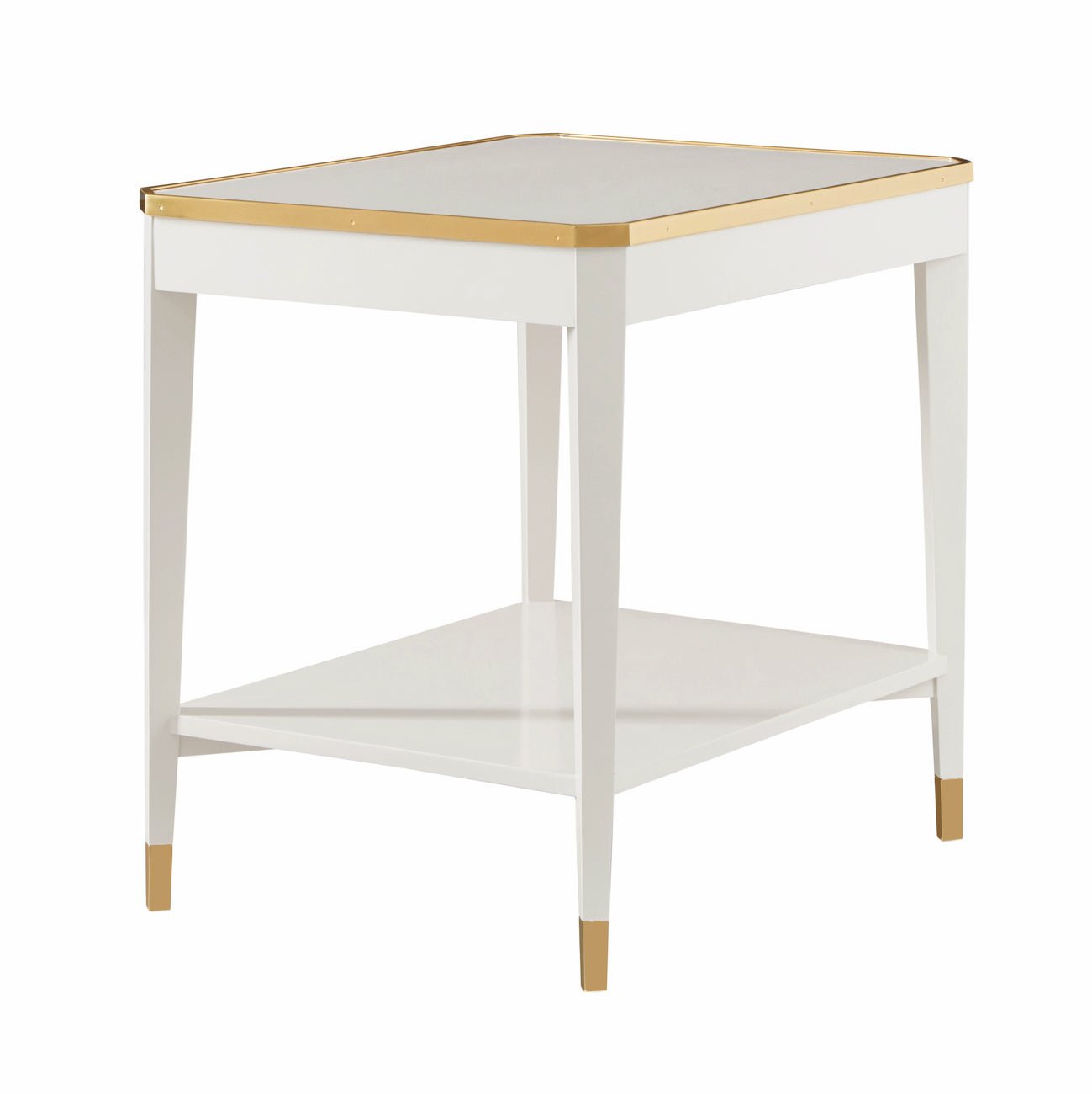 White mid-century end table with gold accents, empty.