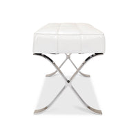 White leather stool side view with X-shaped legs.