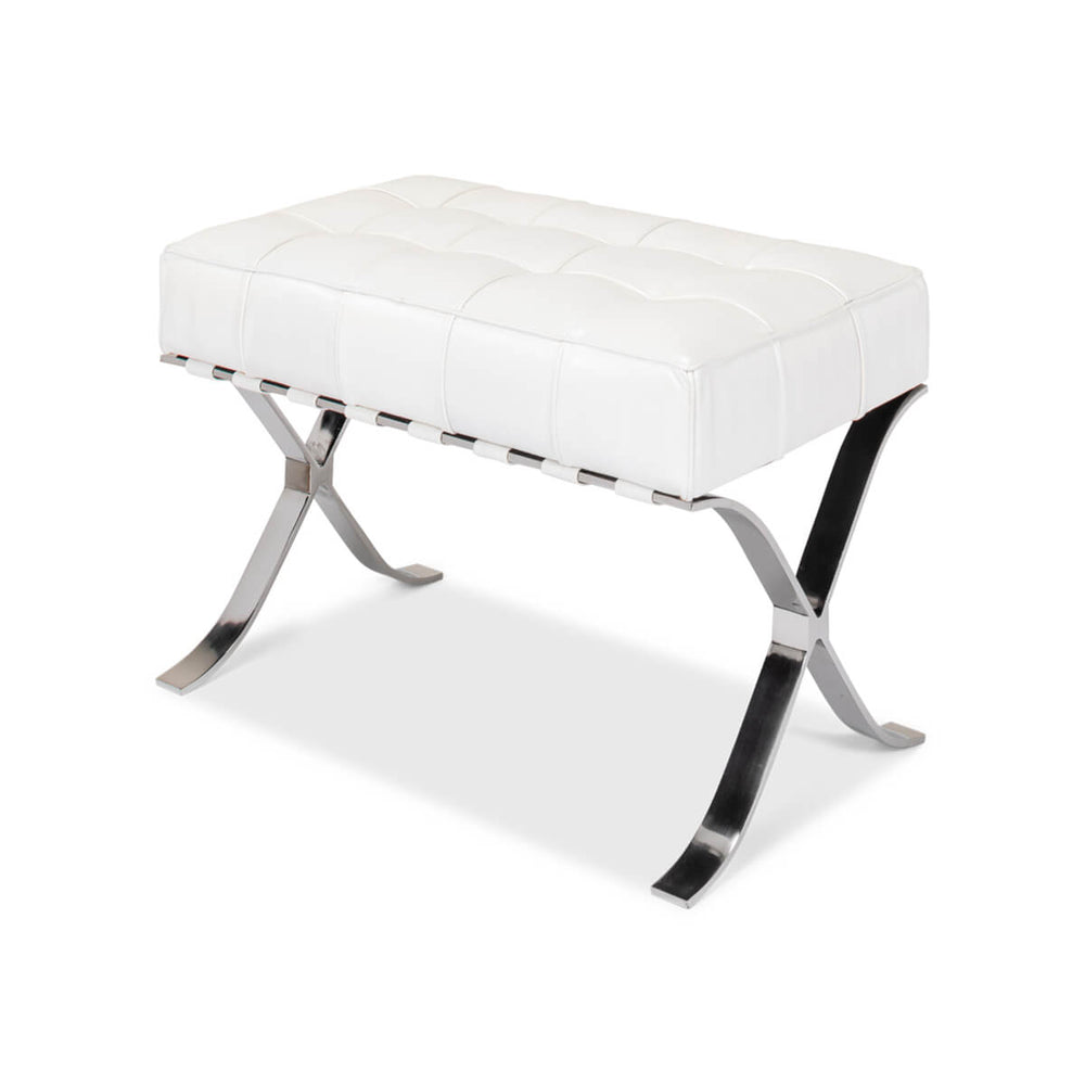 White leather stool angled front view.
