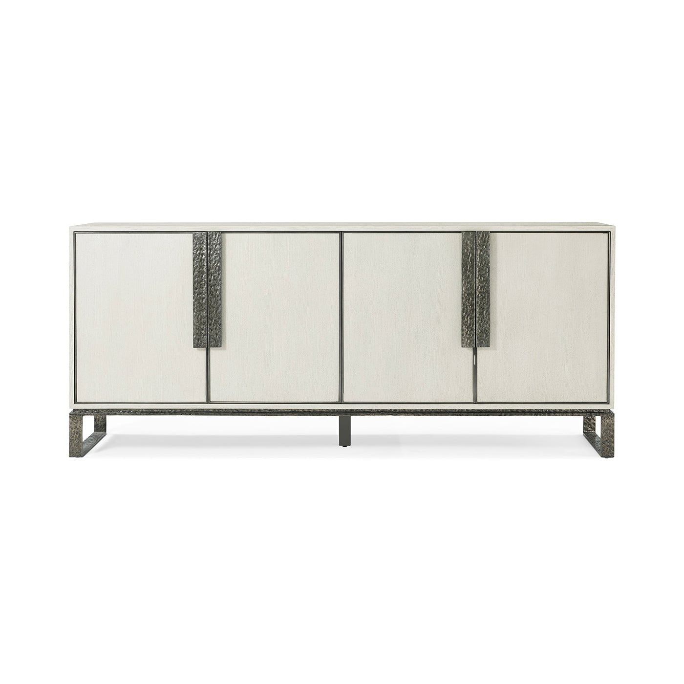 Front view of white modern industrial media cabinet