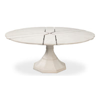 White oak extending dining table with herringbone marquetry top and faceted octagonal base