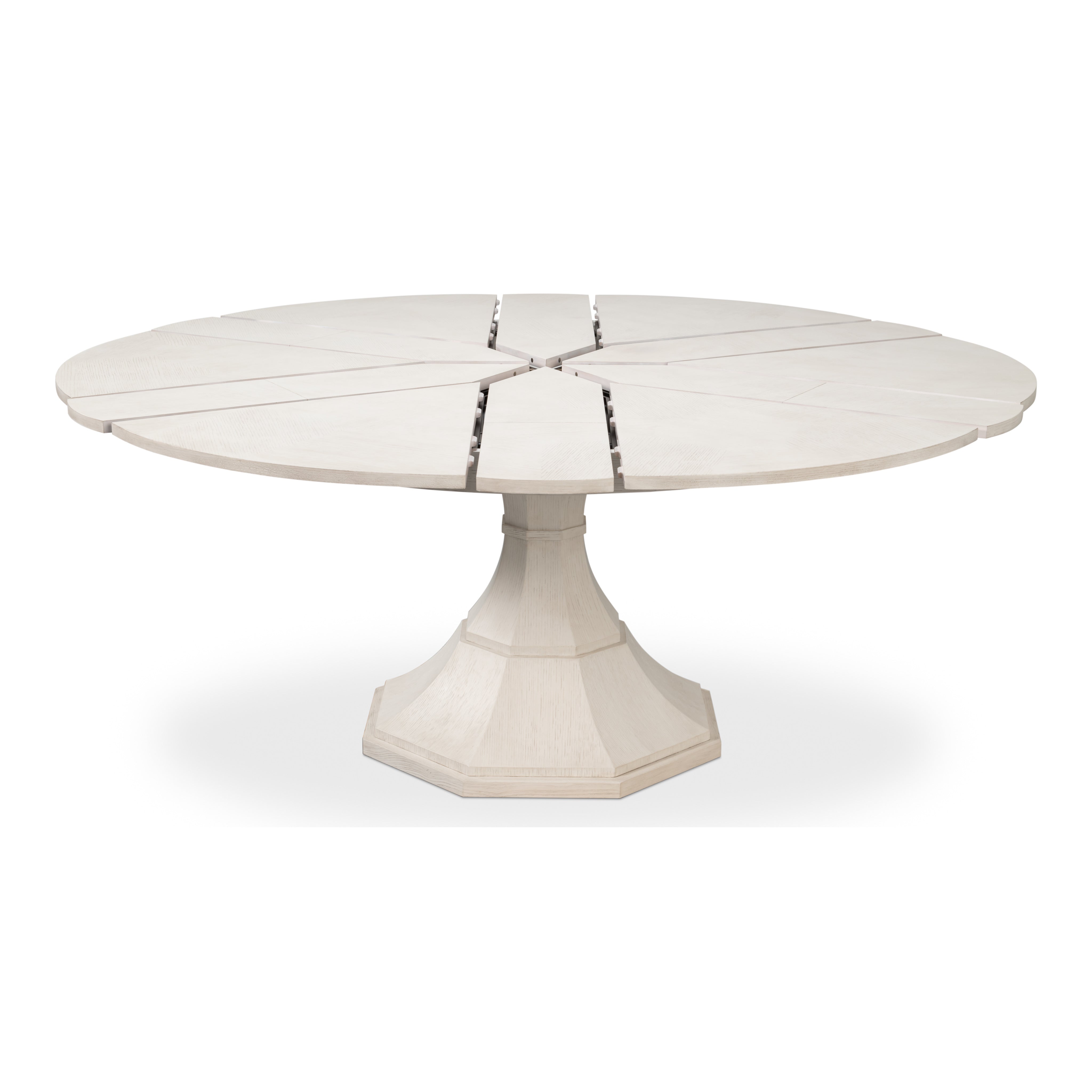White oak extending dining table with herringbone marquetry top and faceted octagonal base