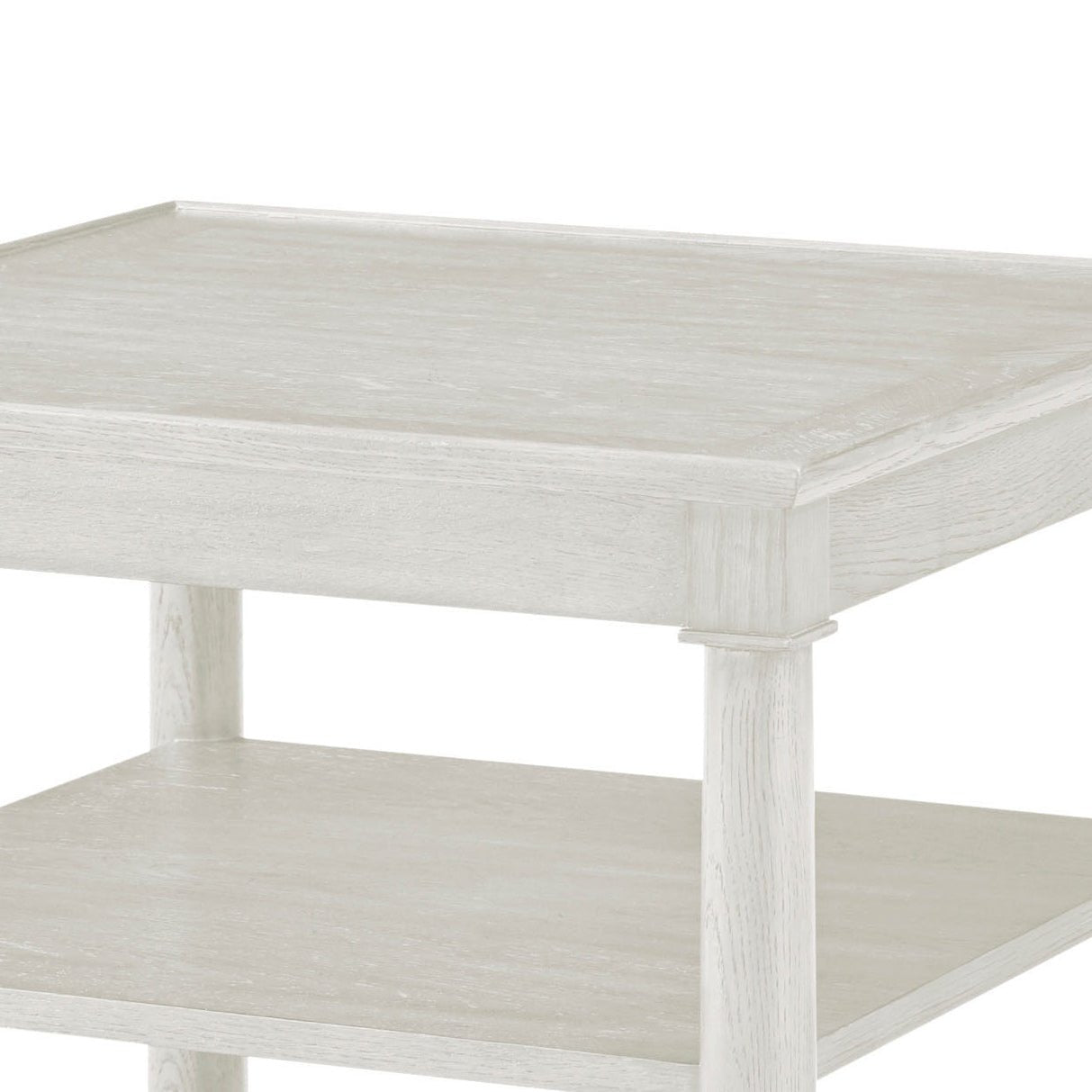 Close-up of white oak square side table's top detail.
