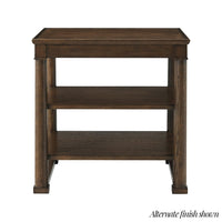 Front view of square side table in dark finish.