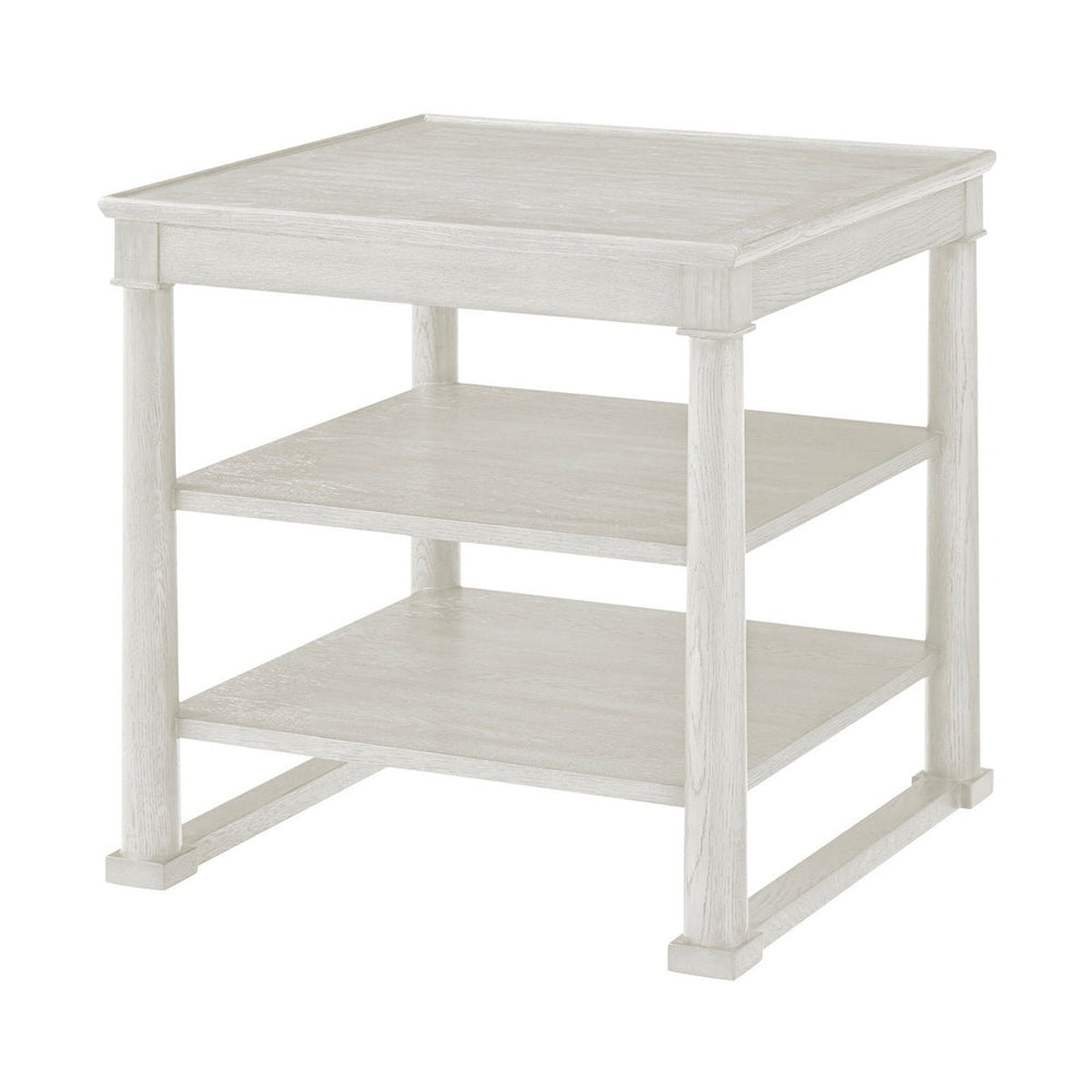 White oak square side table angled view with shelves.