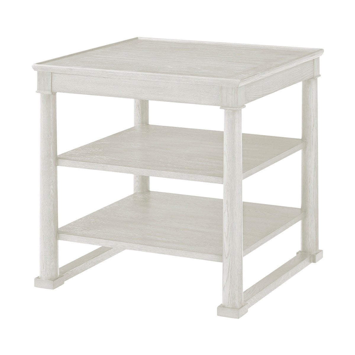 White oak square side table angled view with shelves.