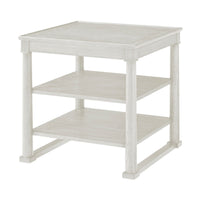 White oak square side table angled view with shelves.