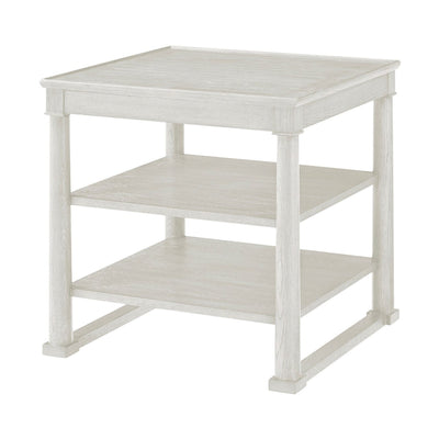 White oak square side table angled view with shelves.