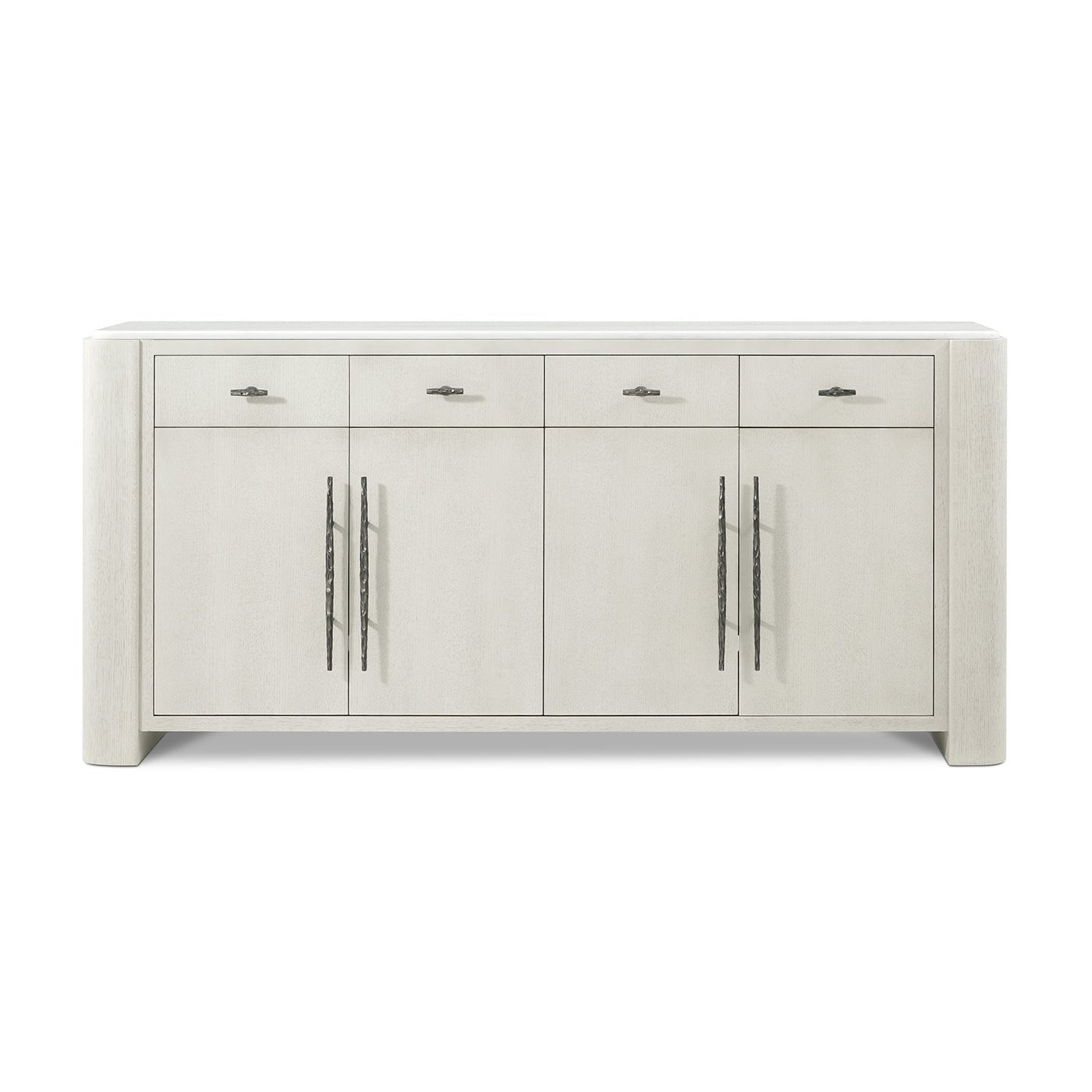 Front view of white buffet sideboard with metal handles.