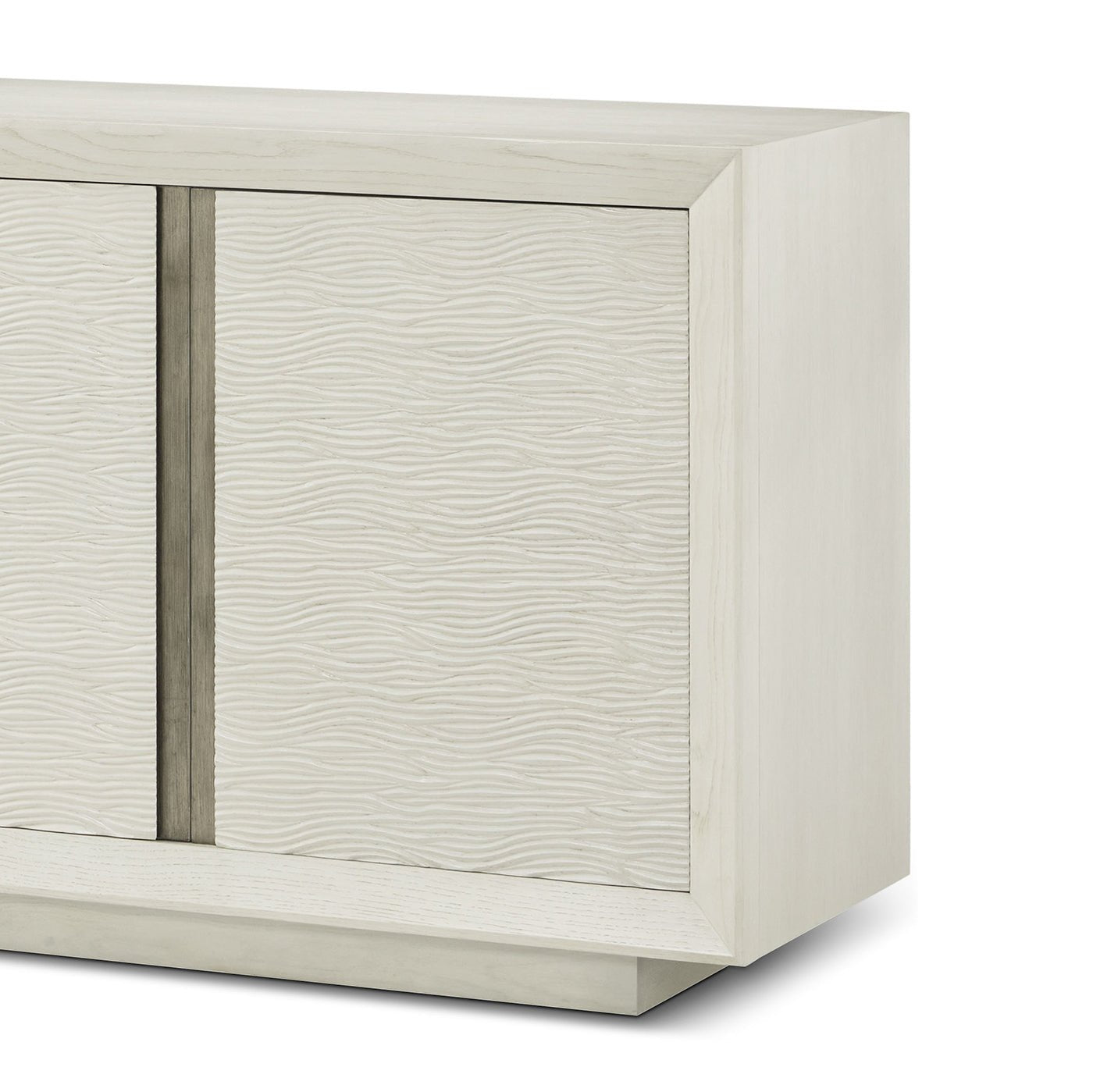 Close-up textured side panel white media cabinet