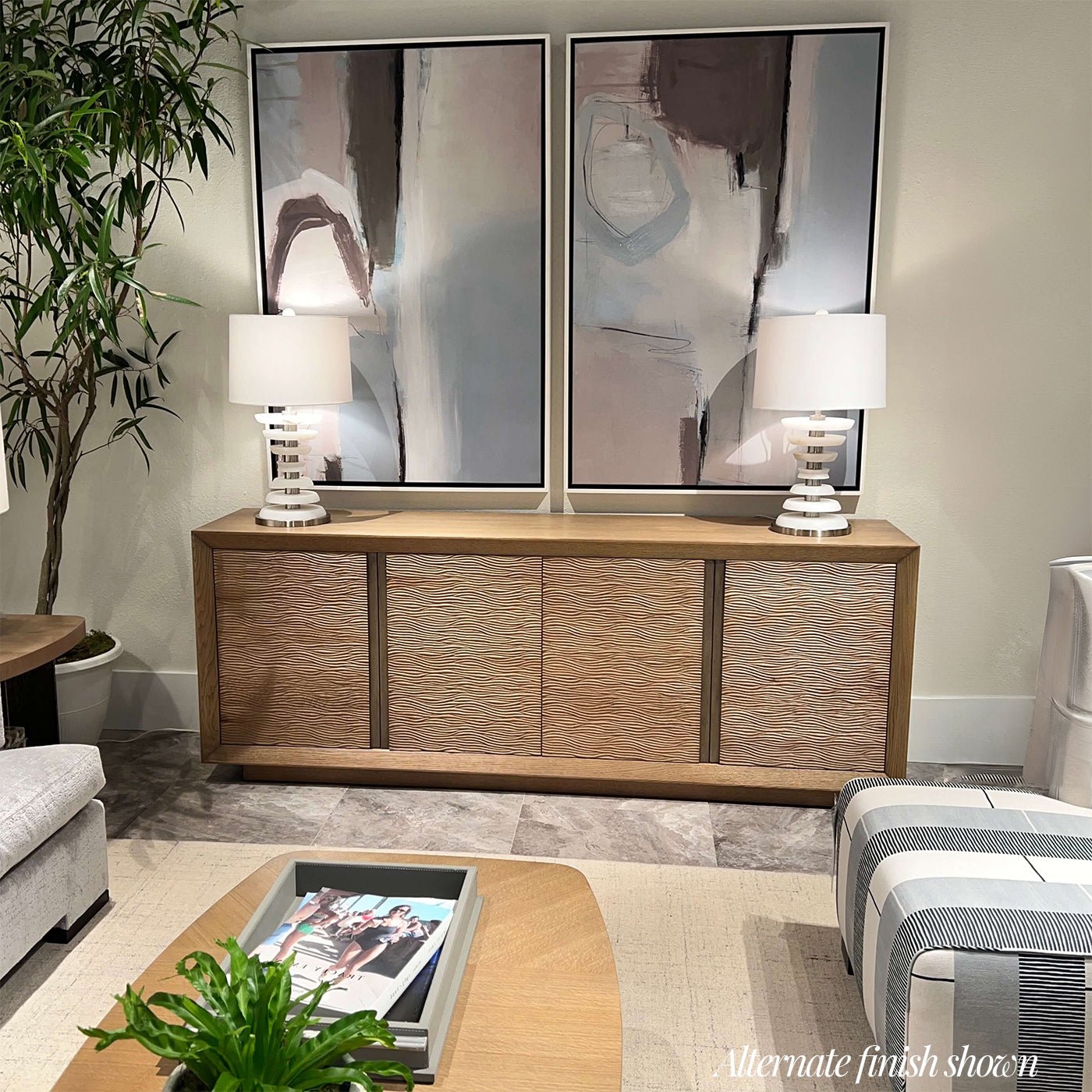 Media cabinet in living room alternate finish with decor