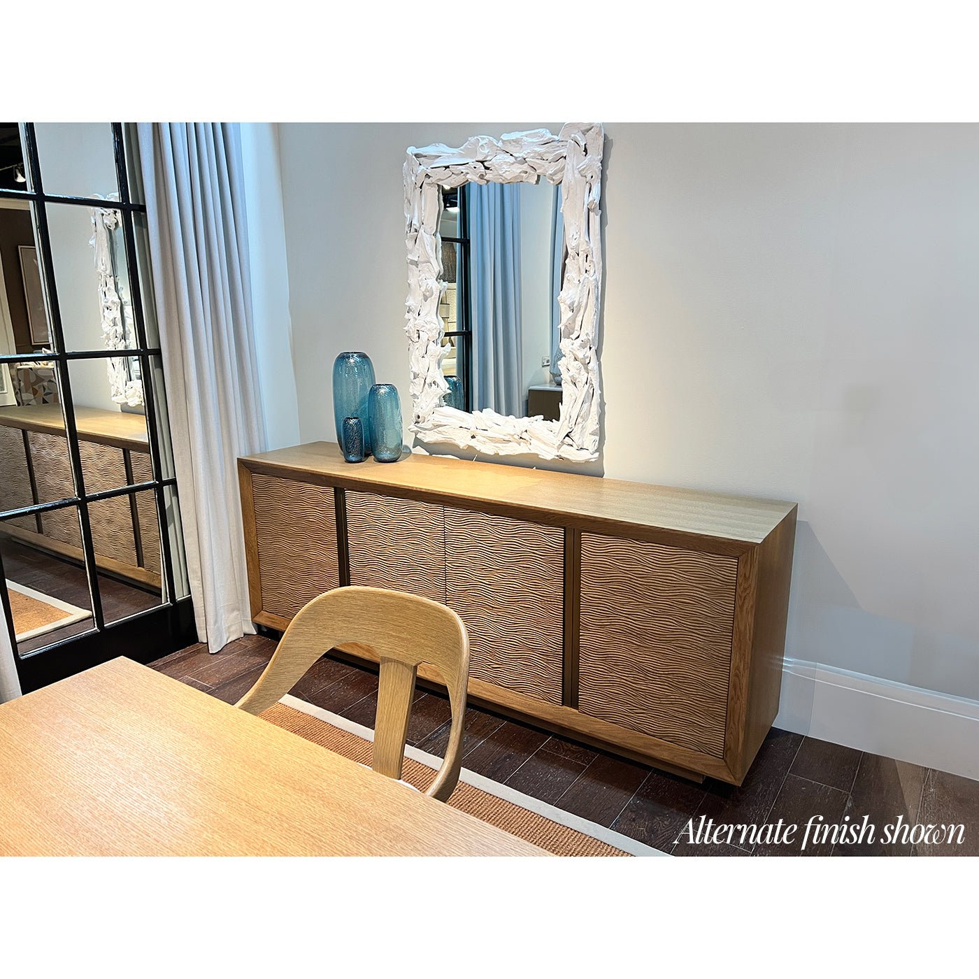 Media cabinet in dining room alternate finish styled decor