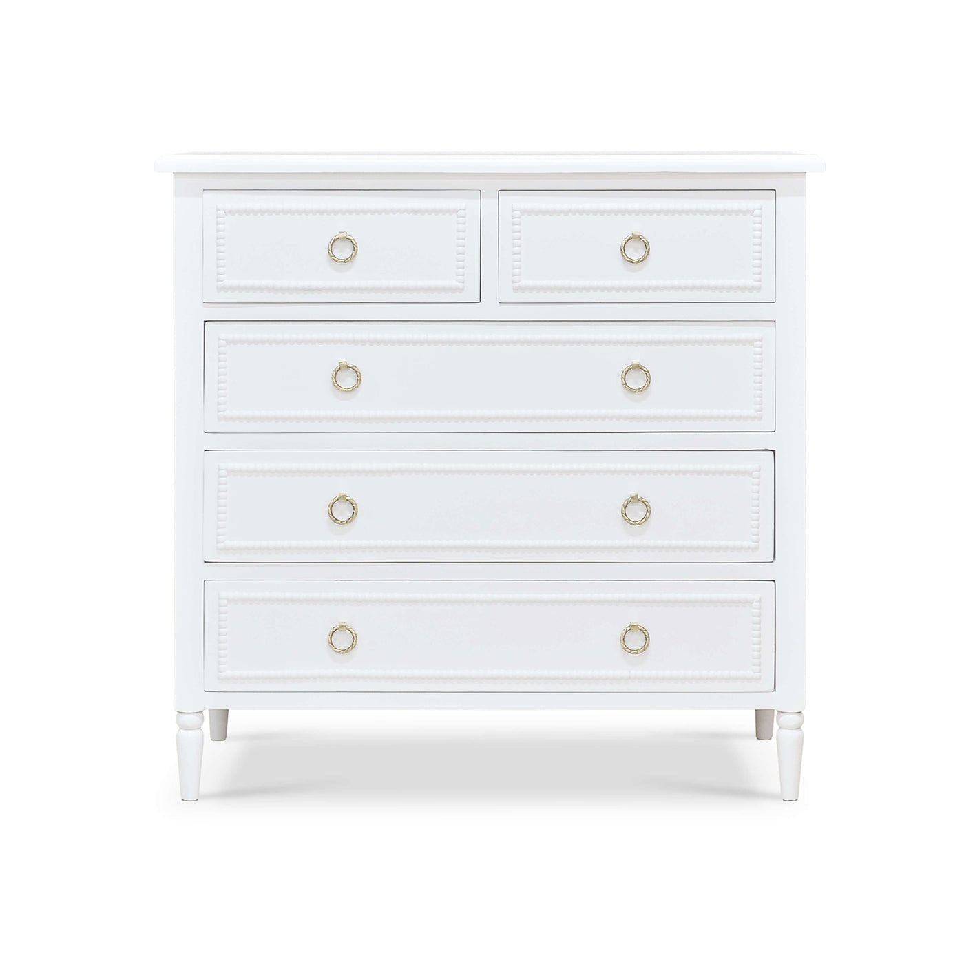 Front view of white chest of drawers.