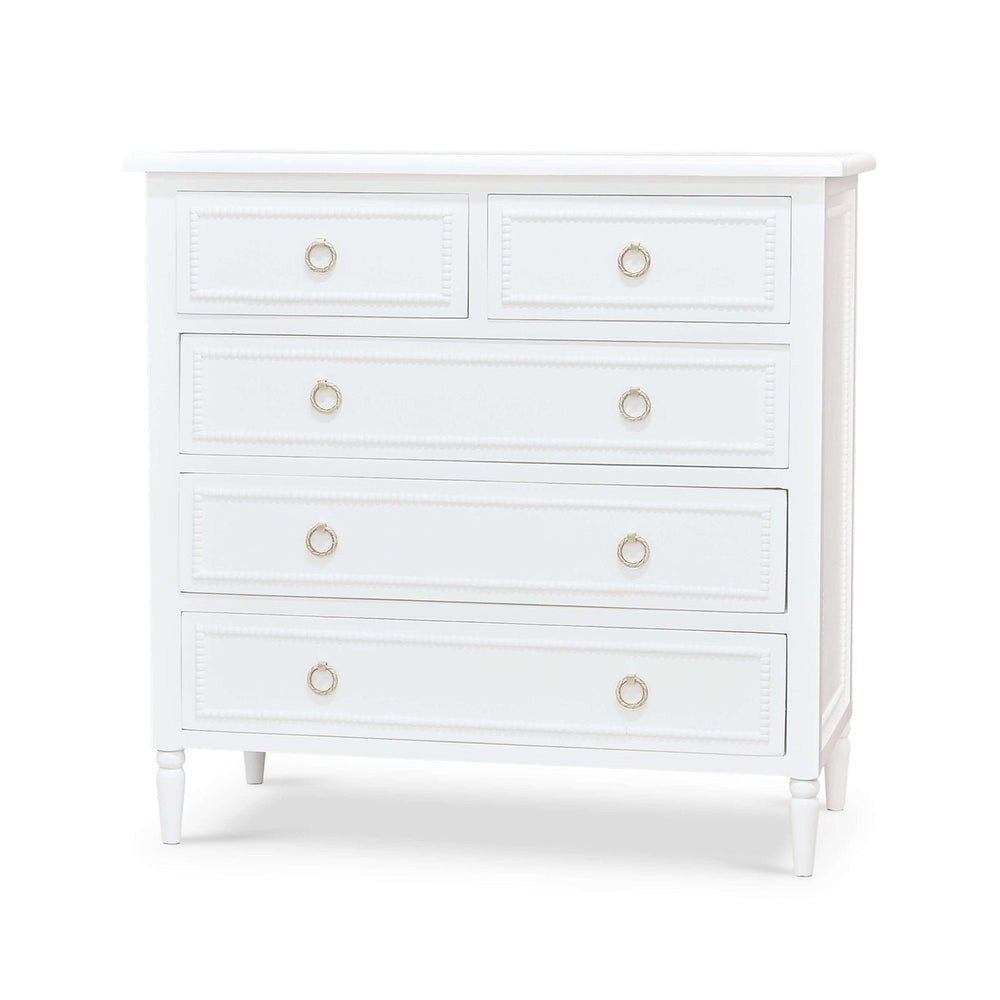 White chest of drawers, front perspective view.