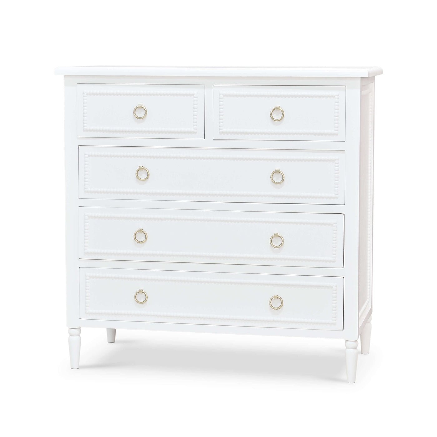 White chest of drawers, front perspective view.
