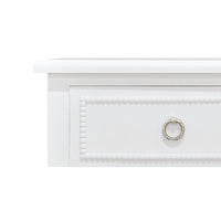 Close-up of white chest of drawers handle.
