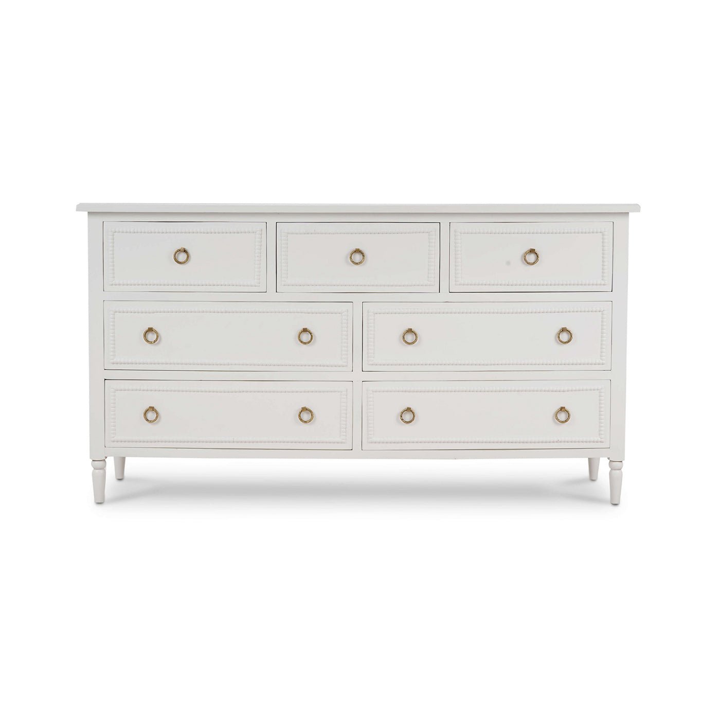 Straight-on view of white painted antique dresser.