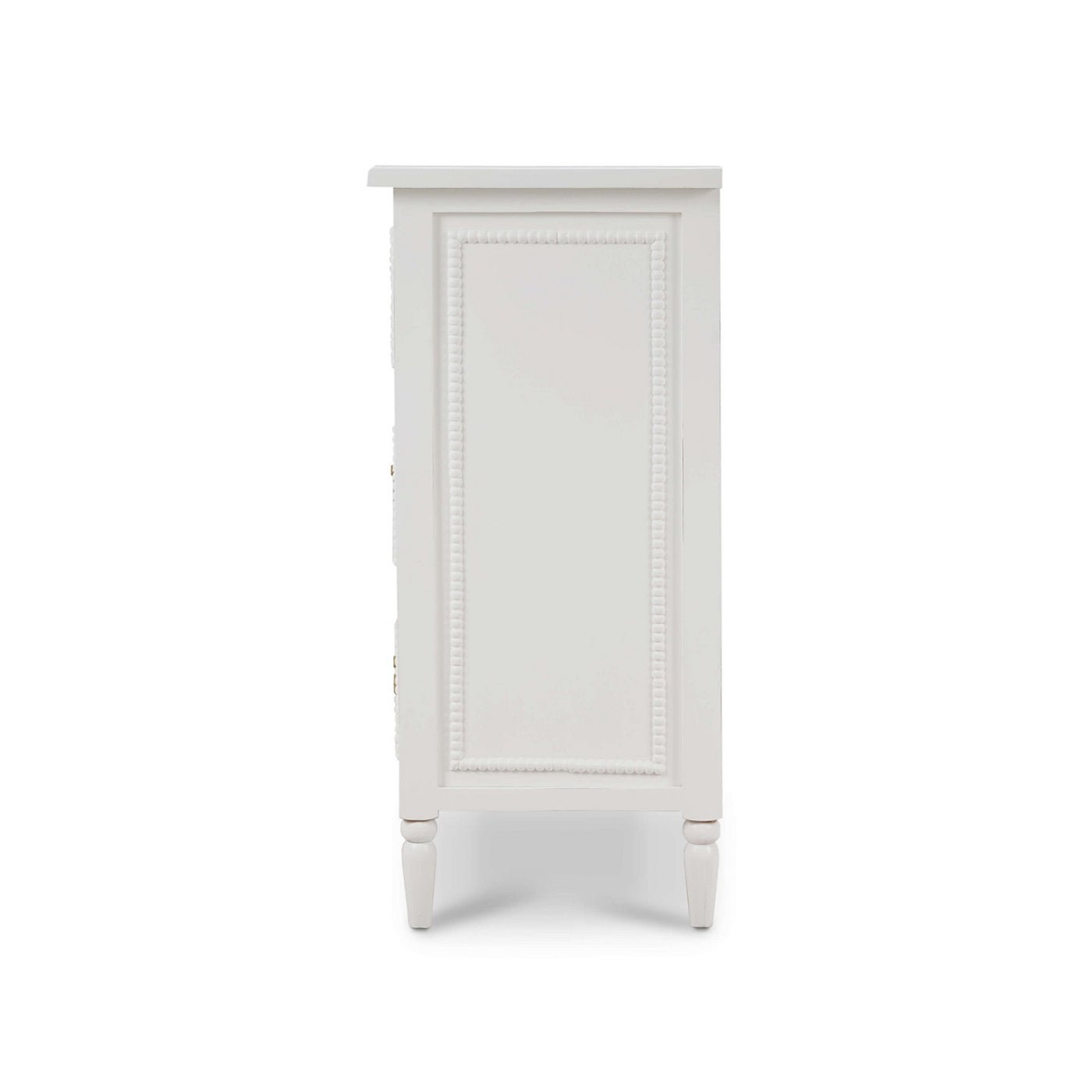 Side view of white antique dresser detailing.