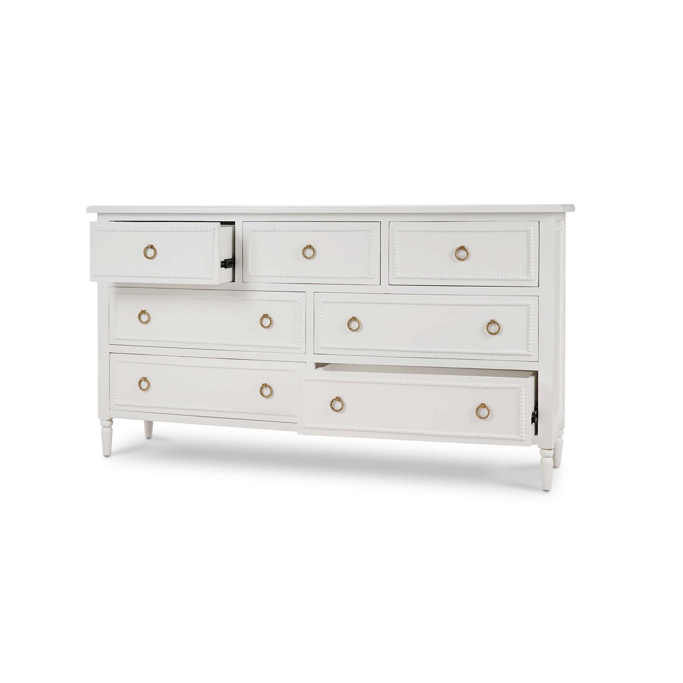 White dresser with open drawers, front view.
