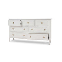 White dresser with open drawers, front view.