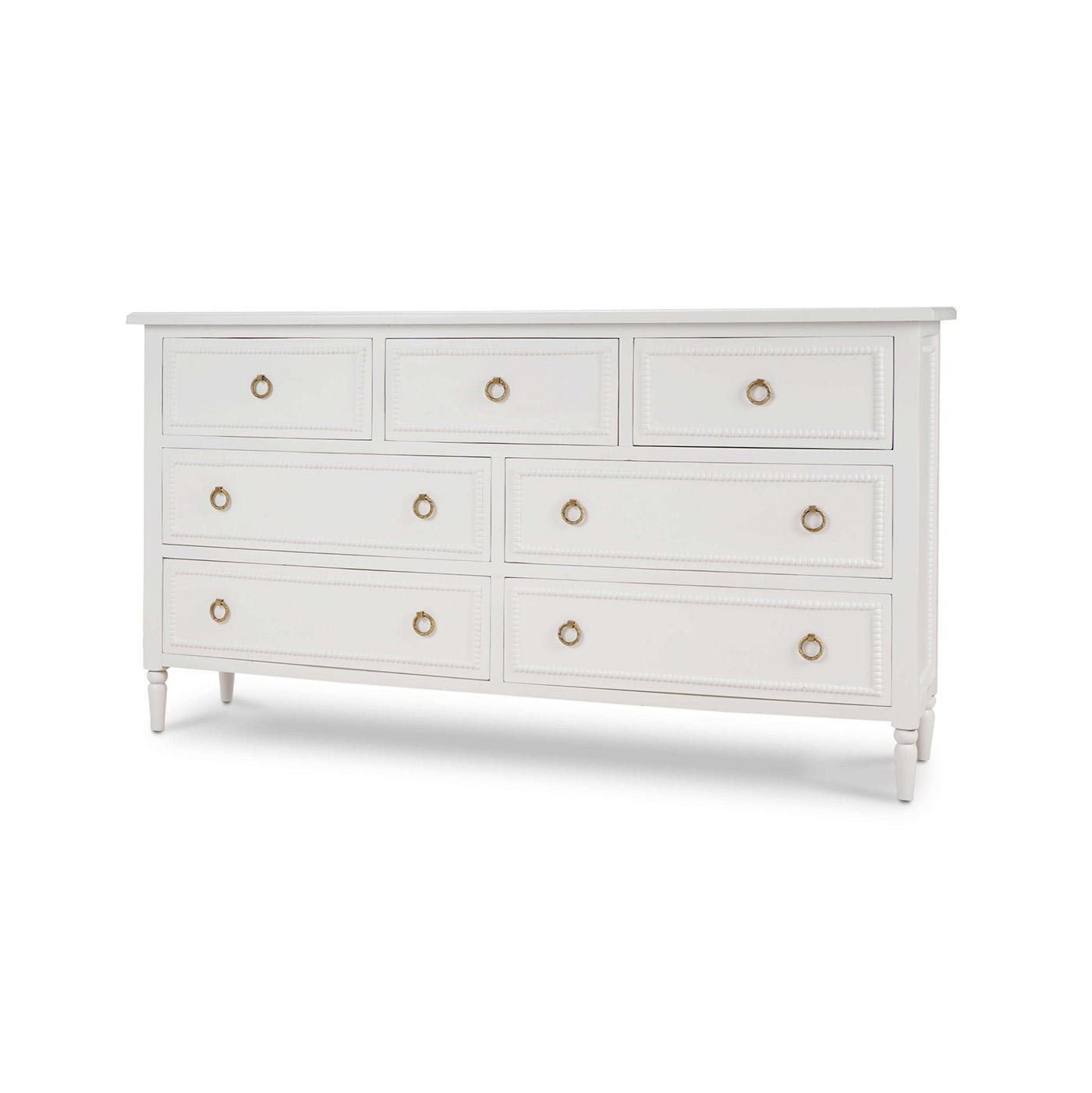 White antique dresser with seven drawers, front view.