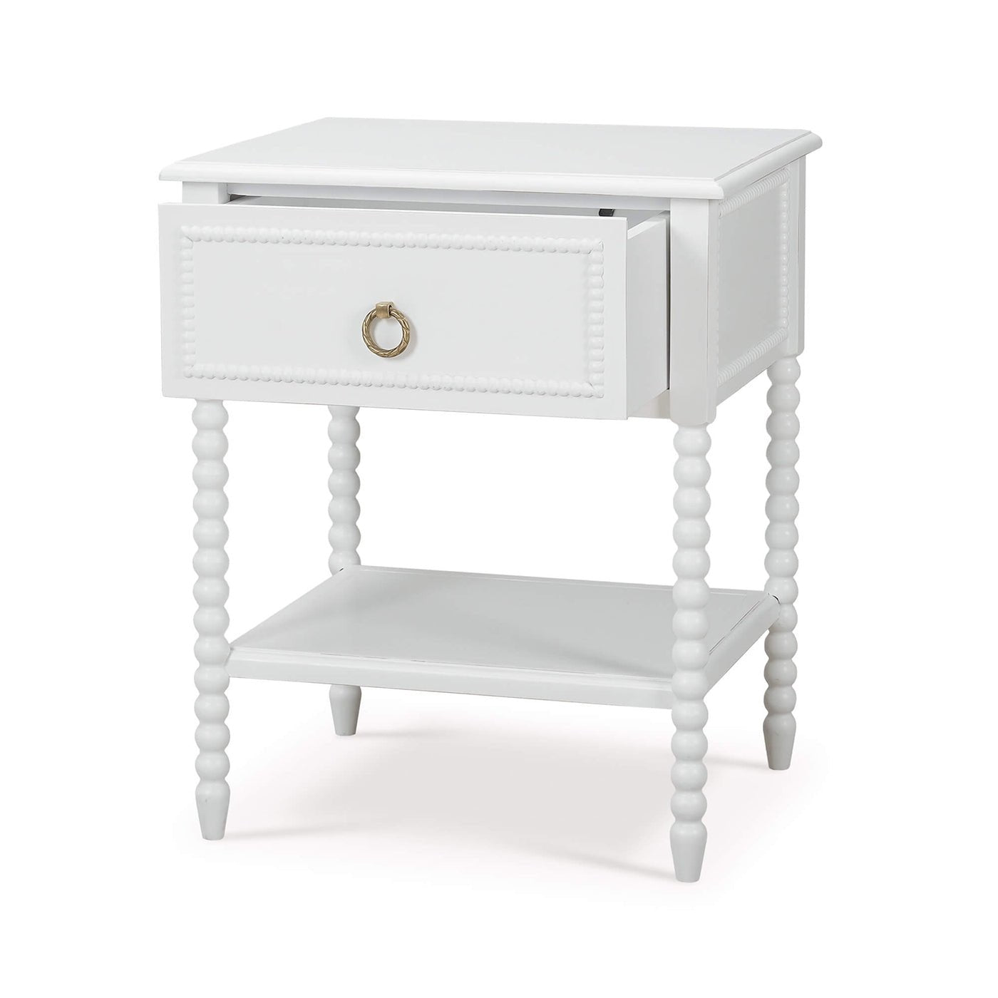 White nightstand angled view, drawer open, beaded legs.