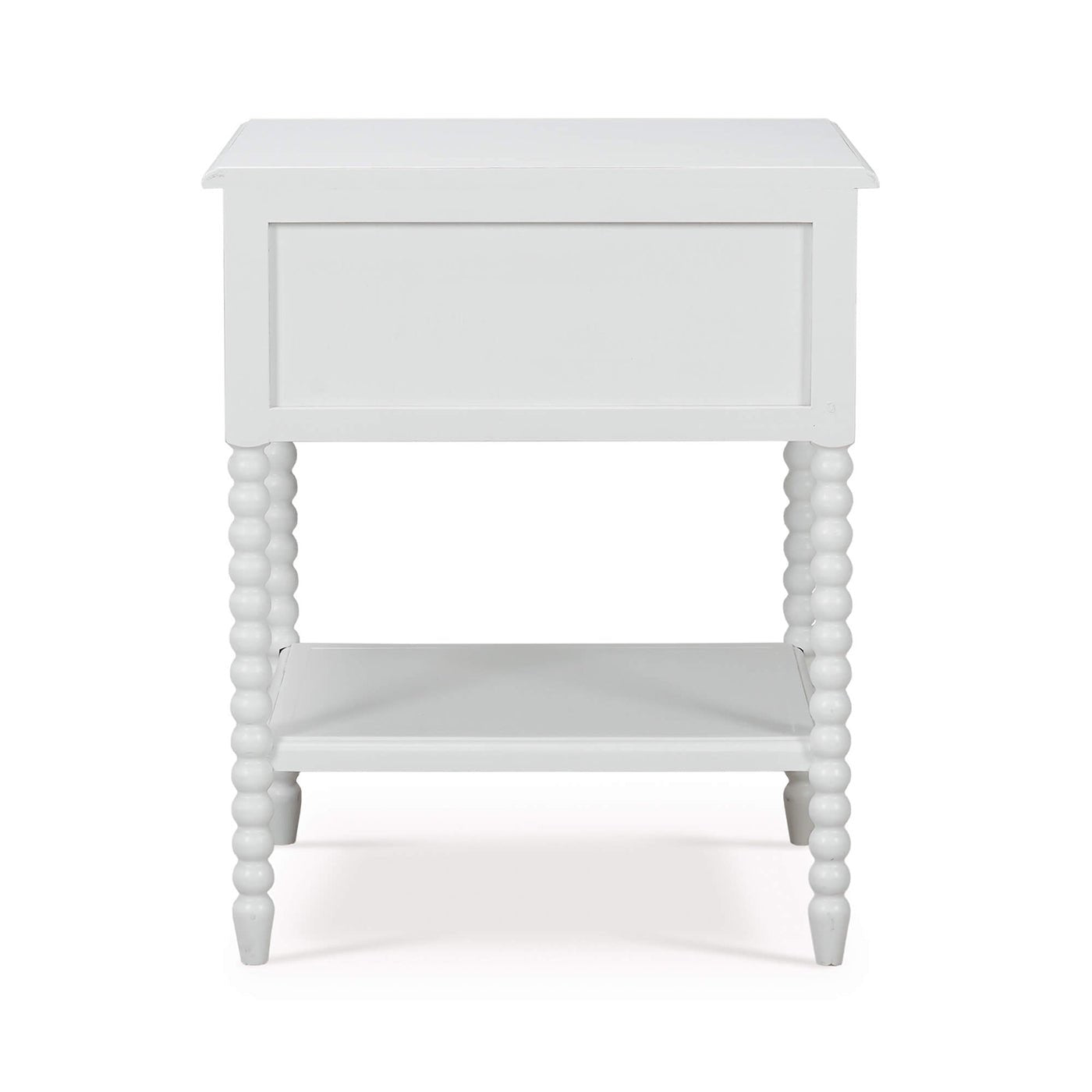 White nightstand back view, beaded legs, smooth back panel.