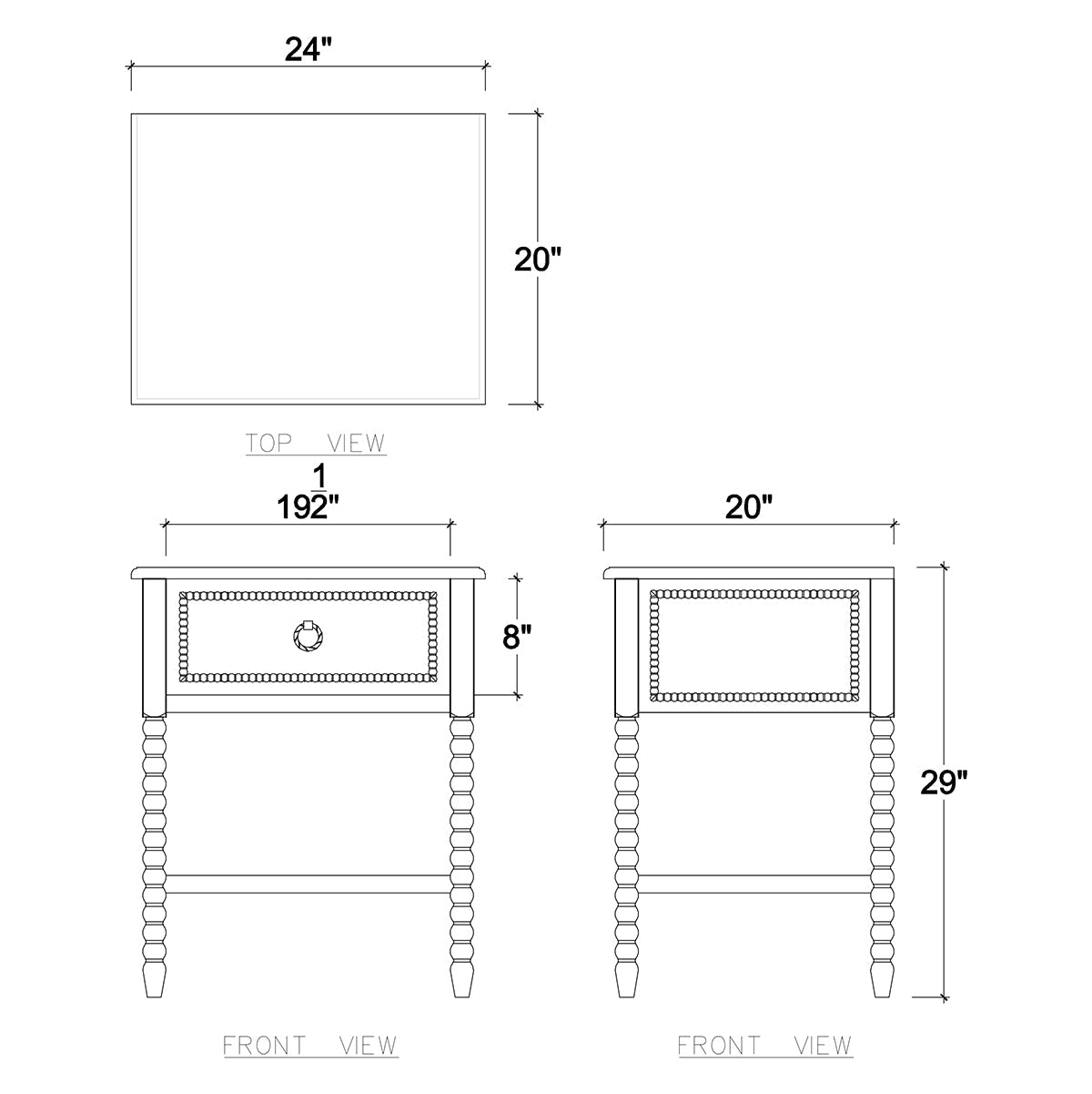 Nightstand dimensions diagram, top, and front views labeled.