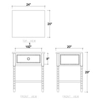 Nightstand dimensions diagram, top, and front views labeled.
