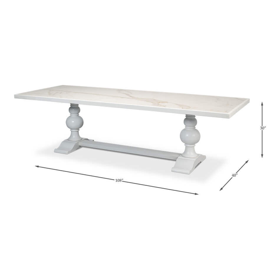 Dimensions of white baroque style dining table displayed.