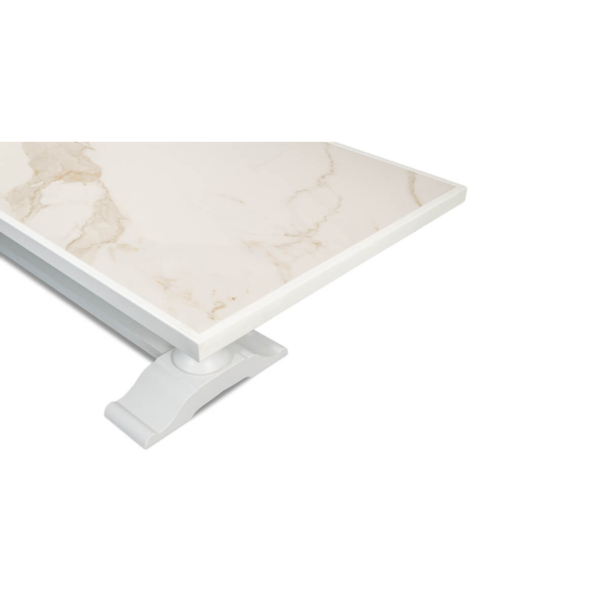 Close-up of white dining table top corner and pattern.