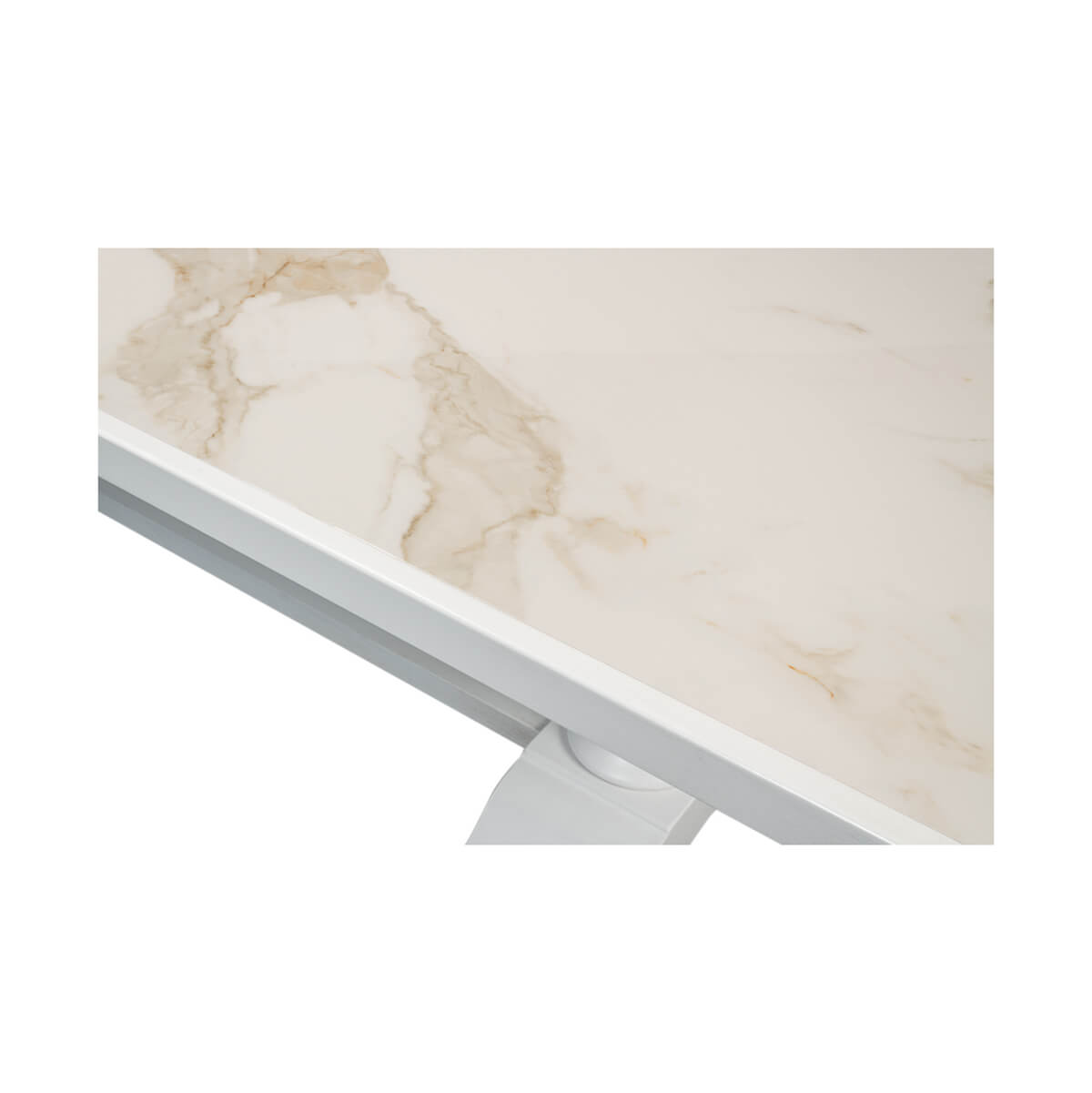 Detailed view of marble pattern on dining table surface.