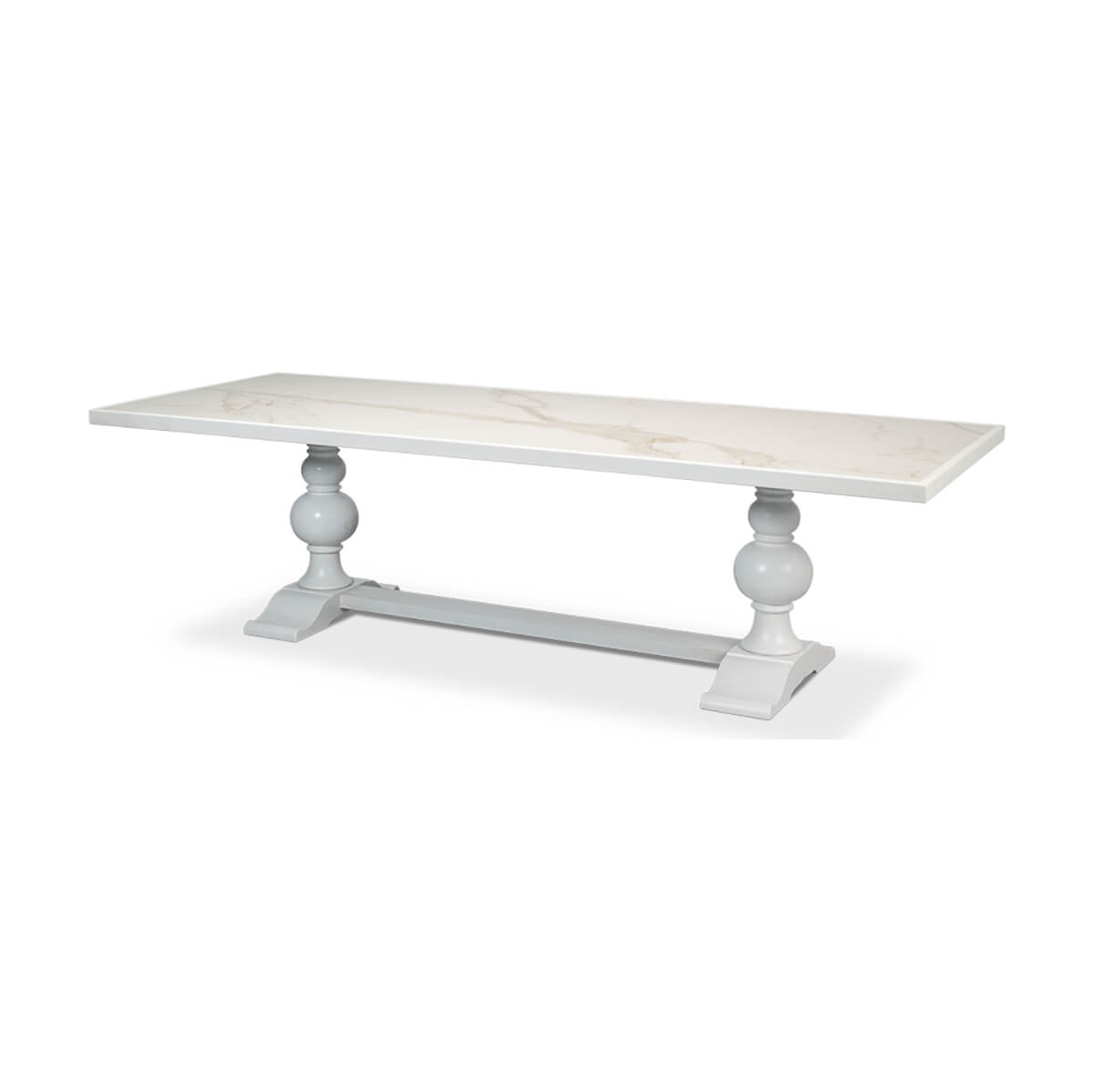Side view of white baroque style dining table.