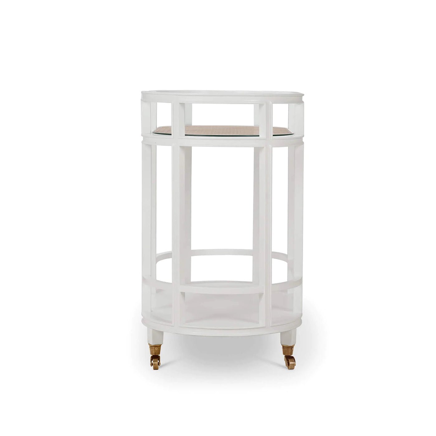 White bar cart showing front narrow view, wooden finish.