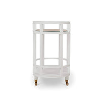 White bar cart showing front narrow view, wooden finish.