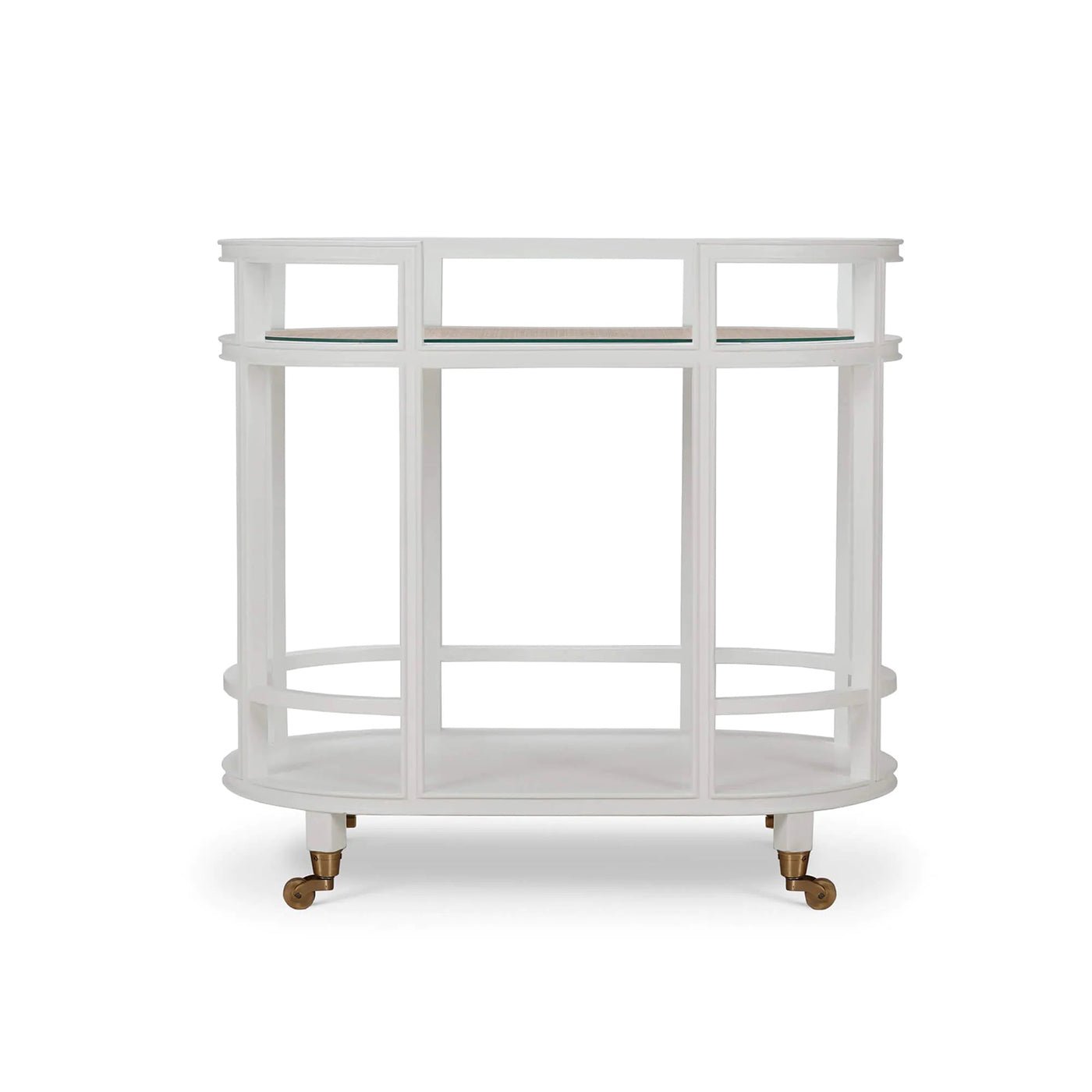 Front view of white coastal style bar cart.